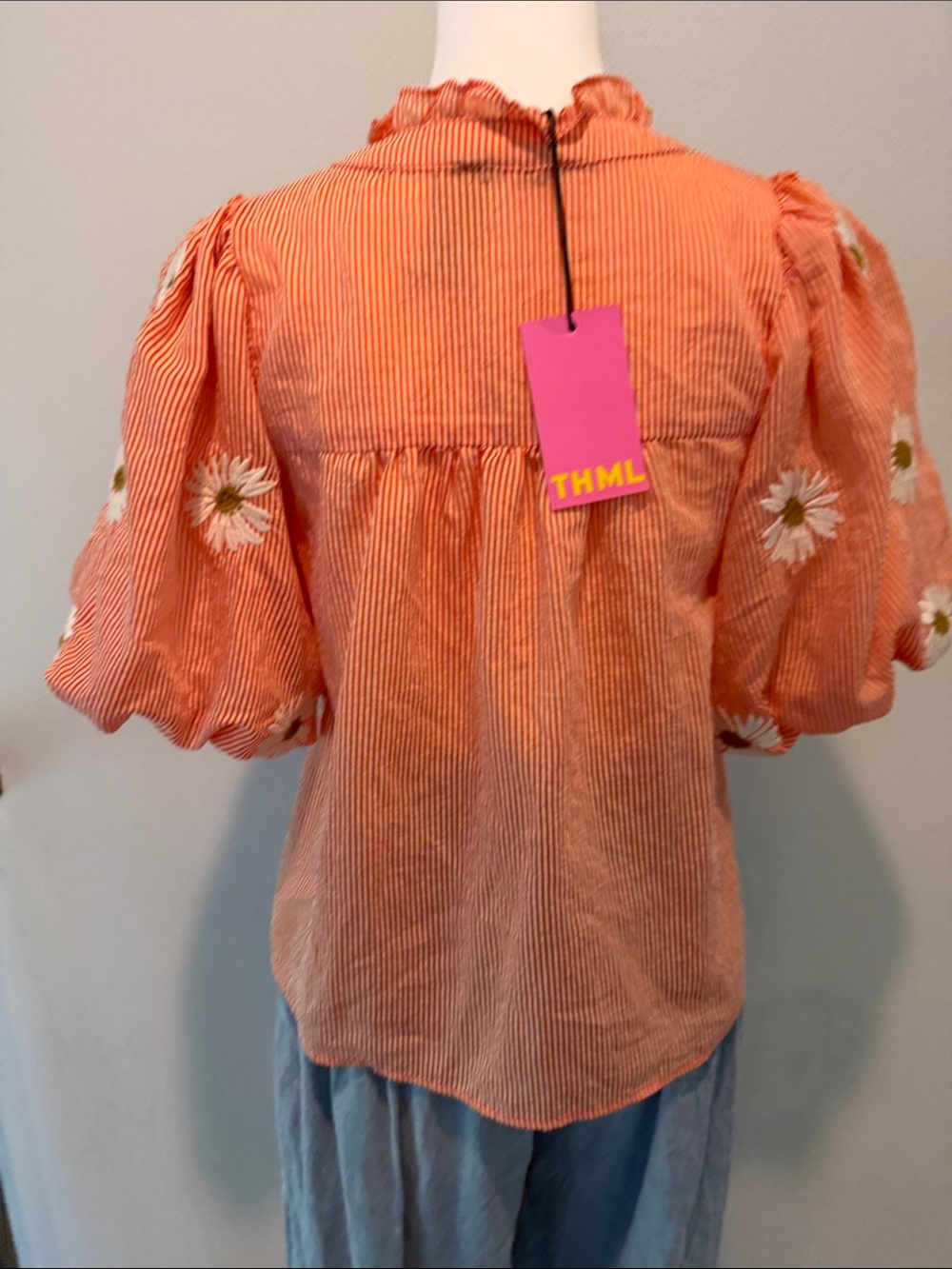 THML Orange Striped Puff-Sleeve Top with Daisy Embroidery - Picture 3 of 3